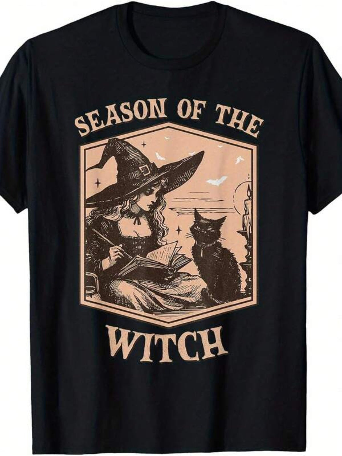 Season Of The Witch Vintage Graphic T‑Shirt, Retro Halloween Witch Black Cat Short Sleeve Tee