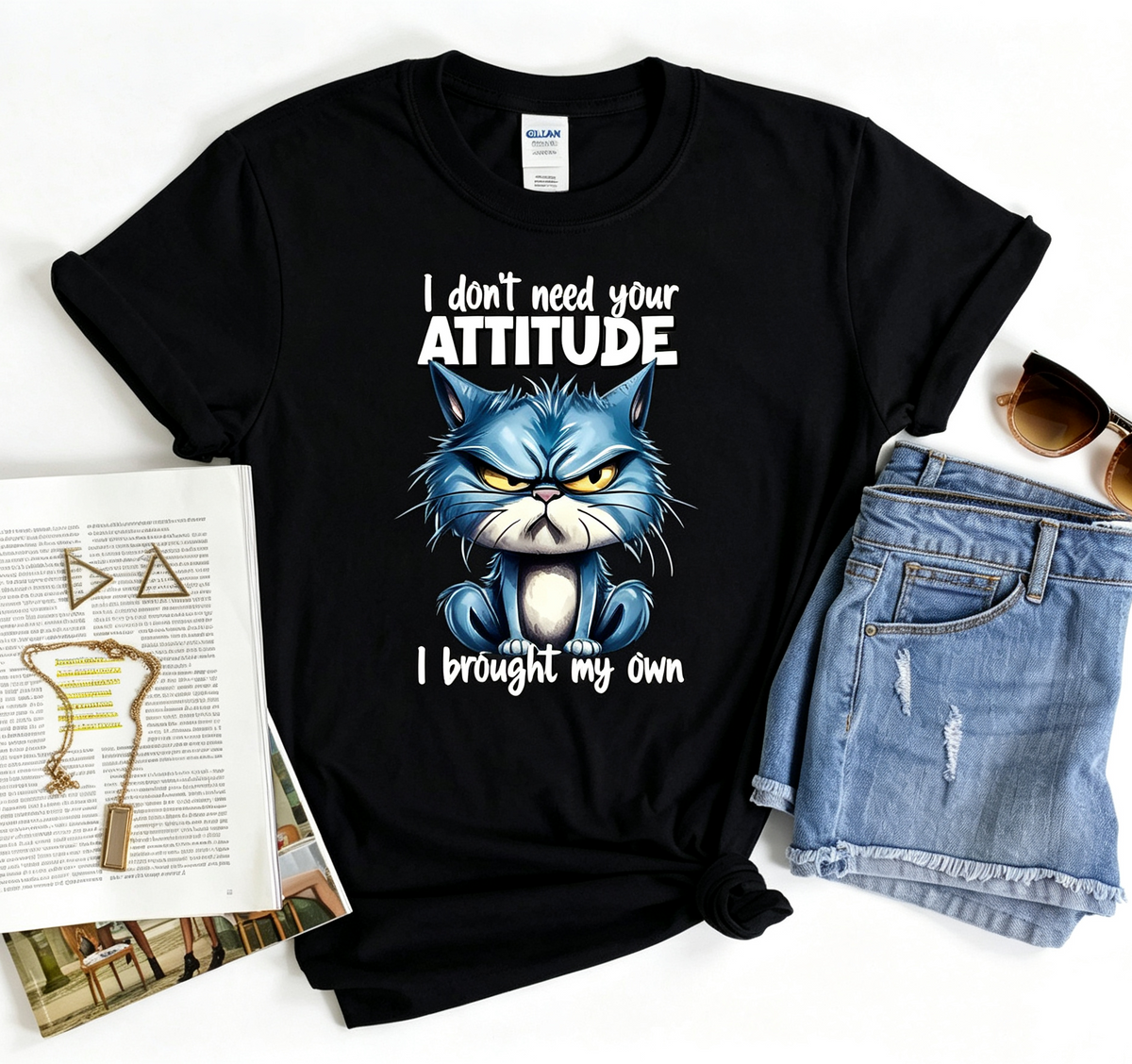 Funny Cat Graphic T‑Shirt, “I Don’t Need Your Attitude, I Brought My Own” Sarcastic Cat Short‑Sleeve Tee,Women Men Tshirts
