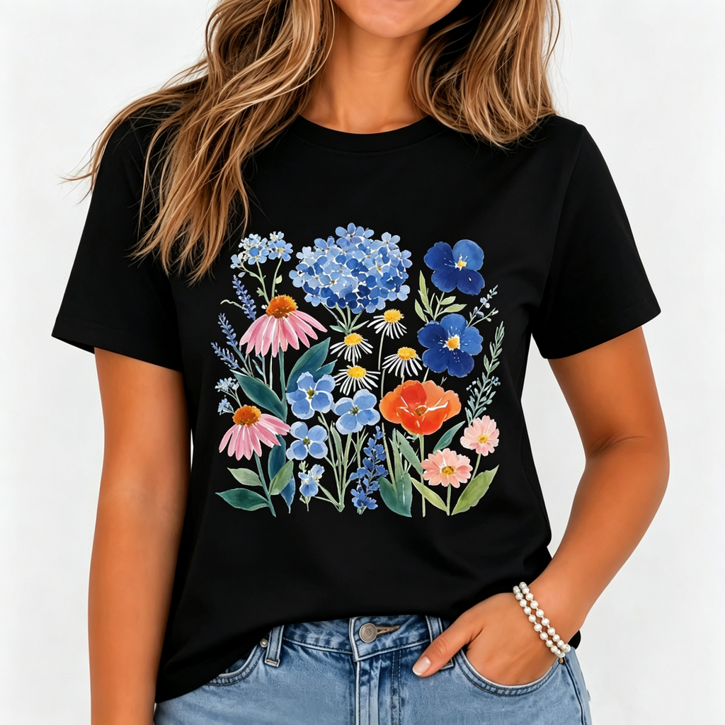 Women’s Watercolor Floral Graphic T‑Shirt, Boho Wildflower Summer Casual Cotton Short‑Sleeve Tee Women Clothing