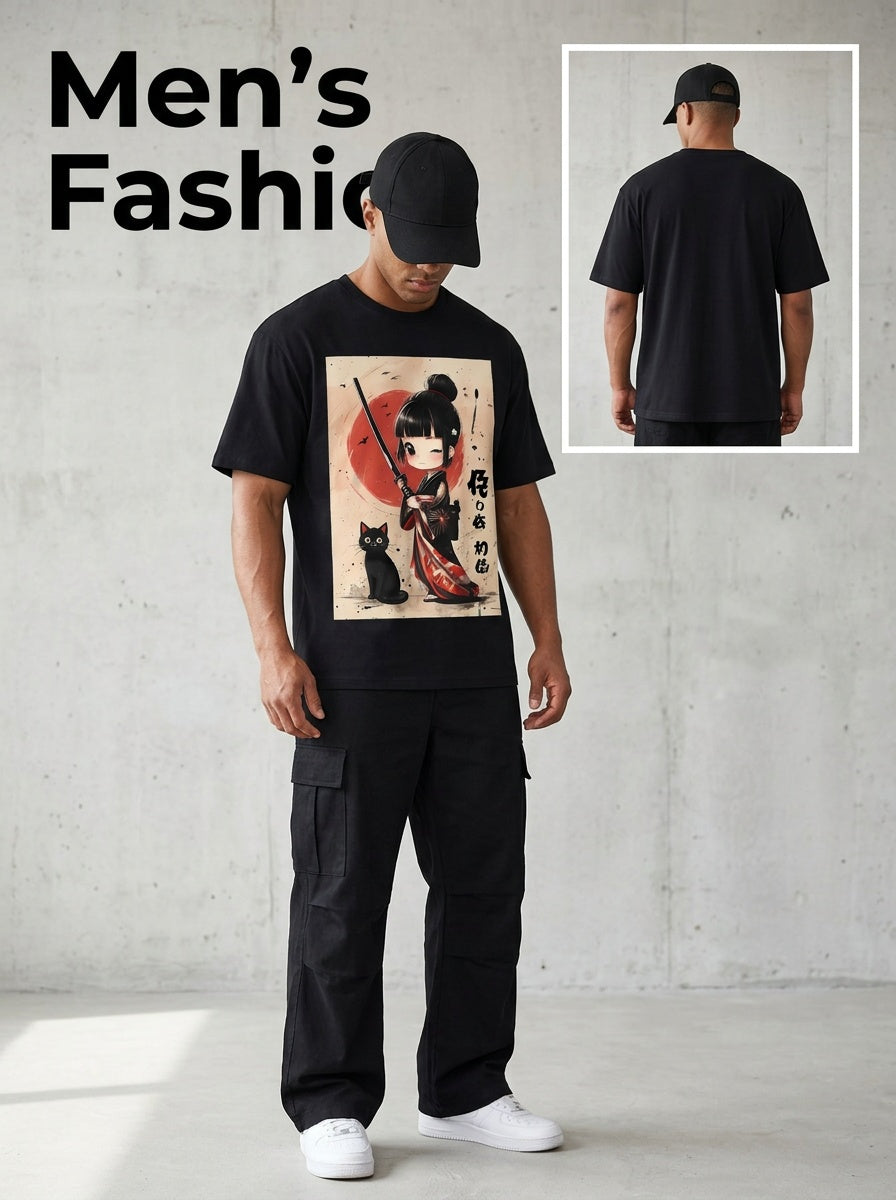 Men's Anime Samurai Girl & Katana Cat Graphic T Shirt Japanese Manga Tee