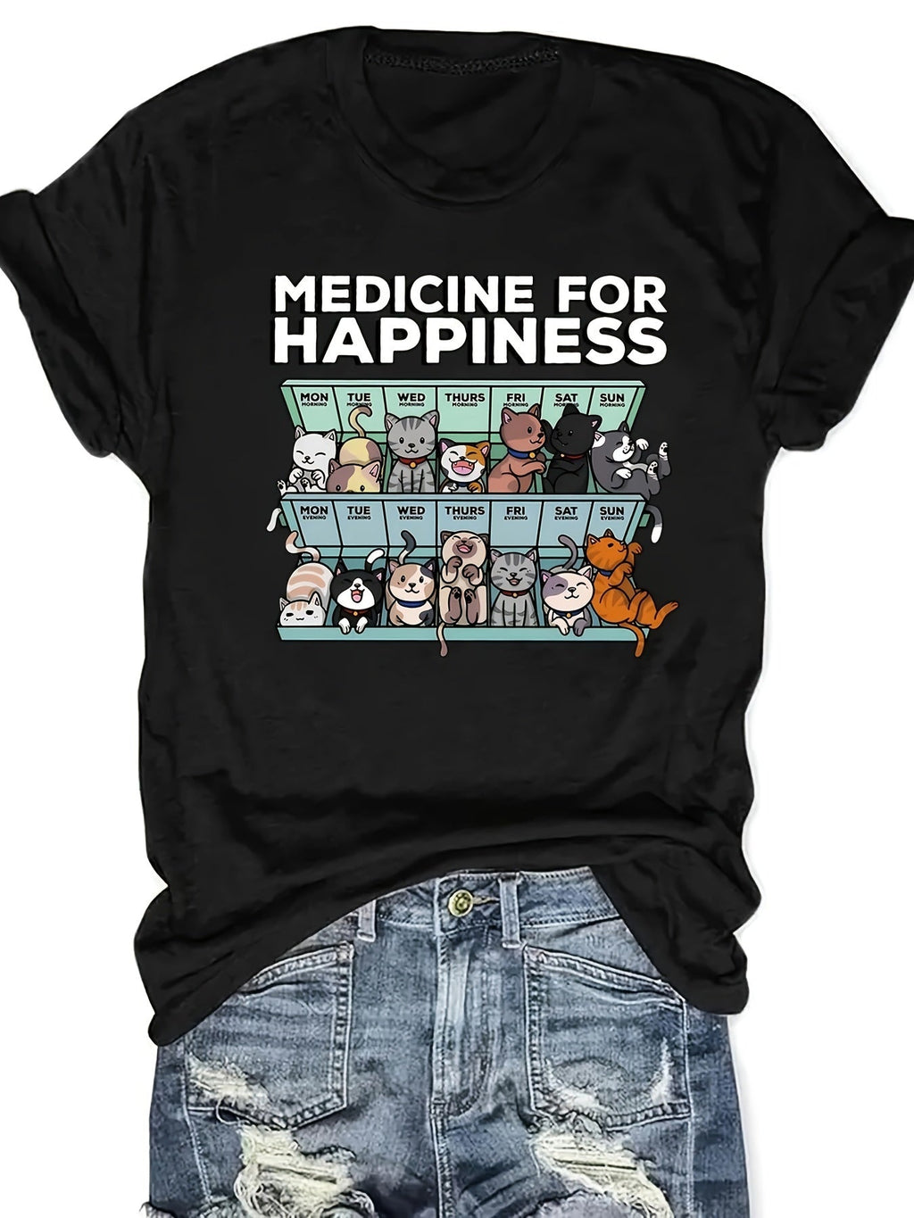 Medicine For Happiness T-Shirt Funny Cat Lover Weekly Pill Organizer Cats Graphic Short Sleeve Tee