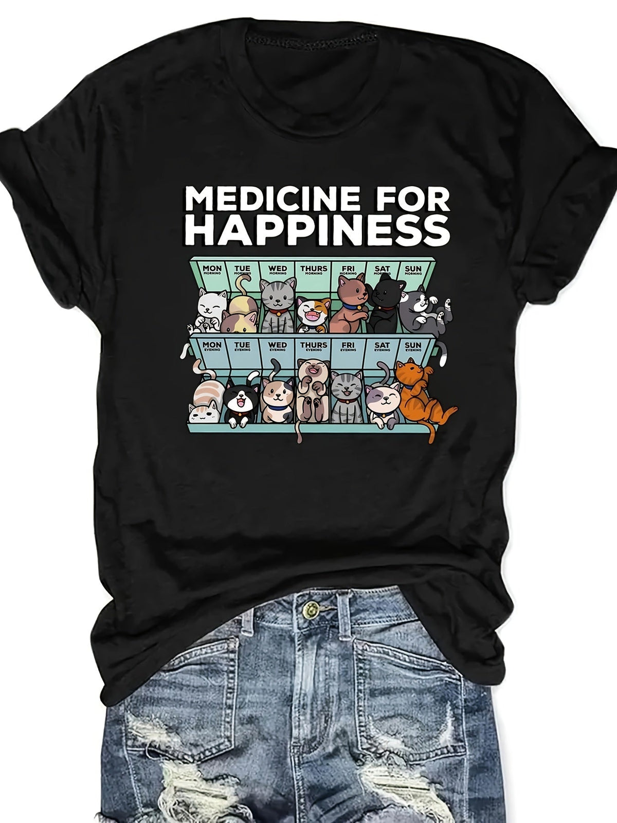 Medicine For Happiness T-Shirt Funny Cat Lover Weekly Pill Organizer Cats Graphic Short Sleeve Tee