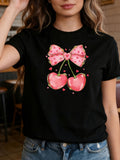 Feminine Bow Cherry T‑Shirt for Women, Sweet Girly Heart Sparkle Coquette Aesthetic Casual Fashion Short Sleeve Top