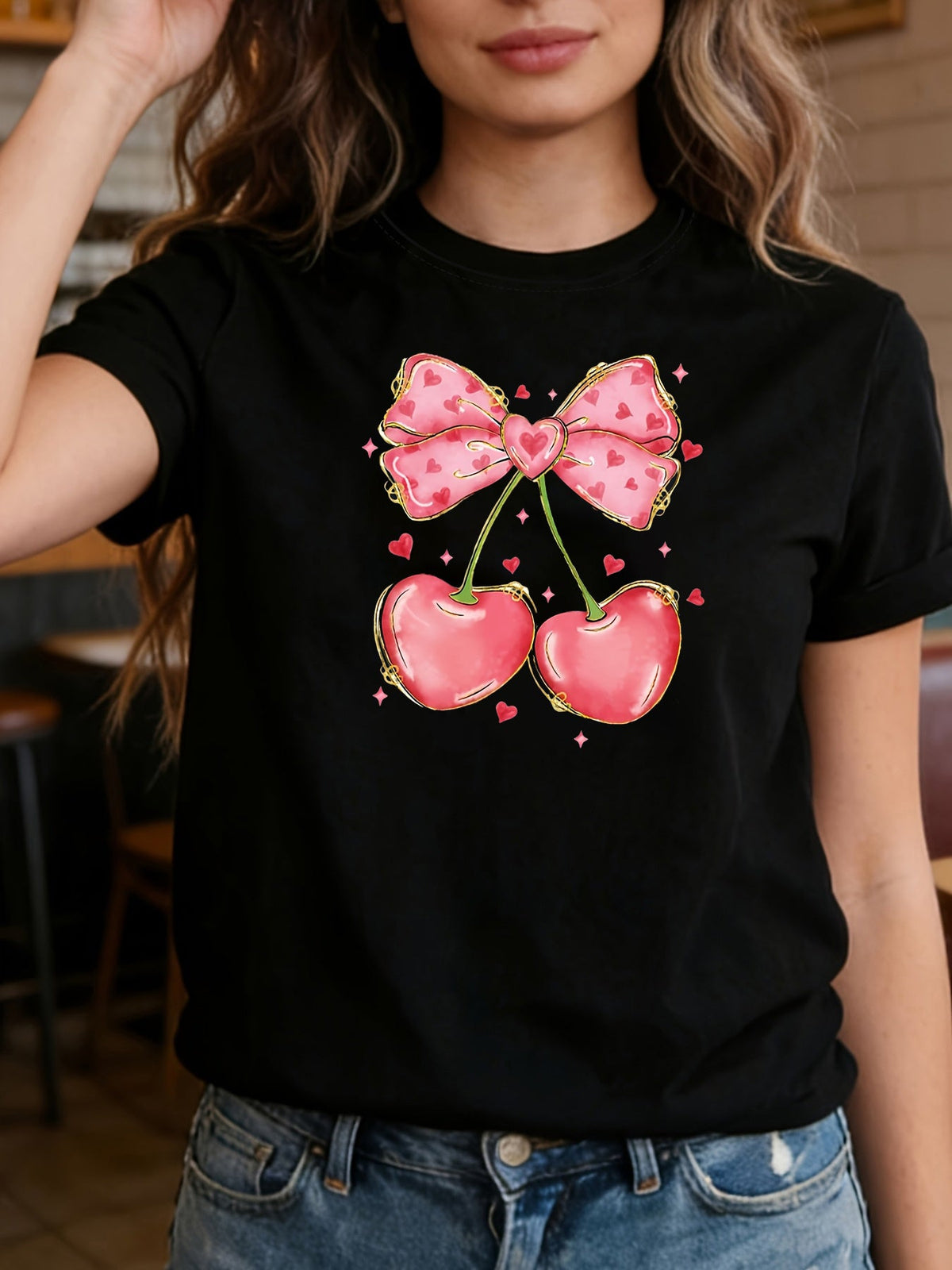 Feminine Bow Cherry T‑Shirt for Women, Sweet Girly Heart Sparkle Coquette Aesthetic Casual Fashion Short Sleeve Top