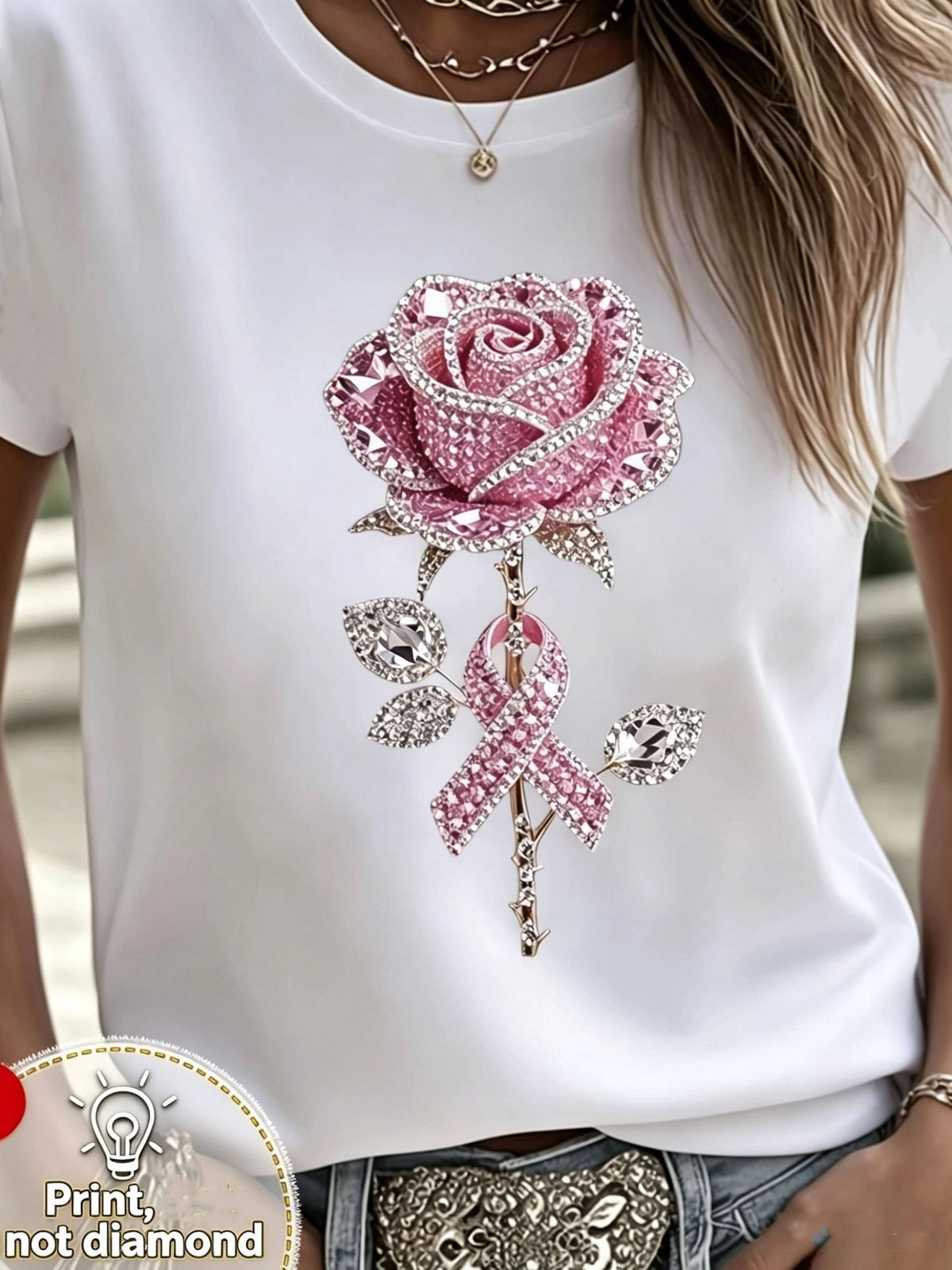Women Pink Rose Pink Ribbon Awareness Graphic T‑Shirt, Crew Neck Short‑Sleeve Printed Casual Tee, No Real Rhinestones, Daily & Outdoor Top
