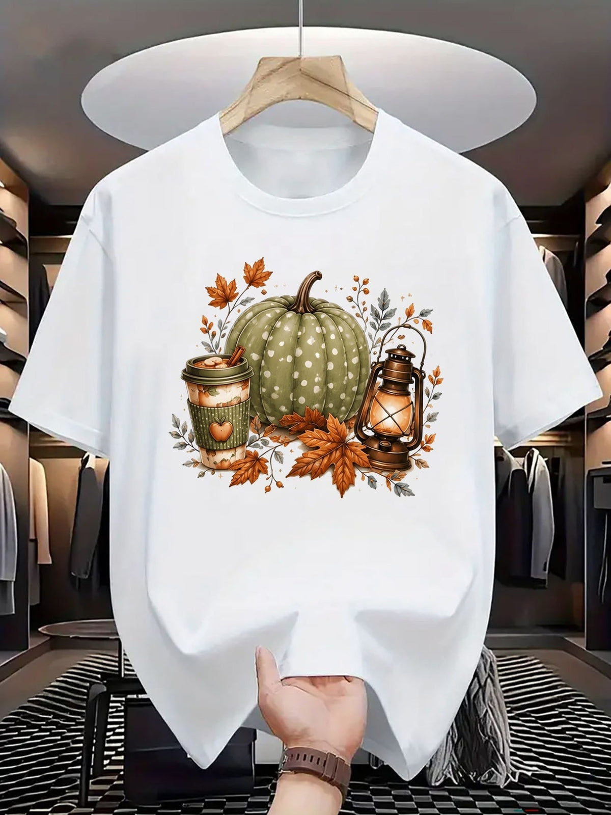 Fall Novelty Short Sleeve T‑Shirt, Polka‑Dot Pumpkin Coffee Drink Vintage Lantern Maple Leaf Thanksgiving Graphic Casual Tee
