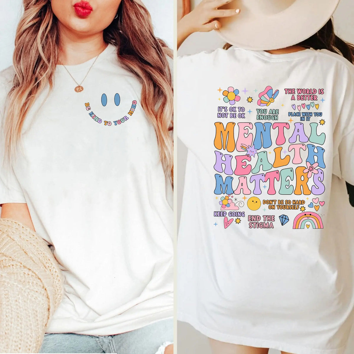 Women Graphic T‑Shirt, Inspirational Be Kind To Your Mind Floral Rainbow Print Cotton Short‑Sleeve Crew‑Neck Casual Tee