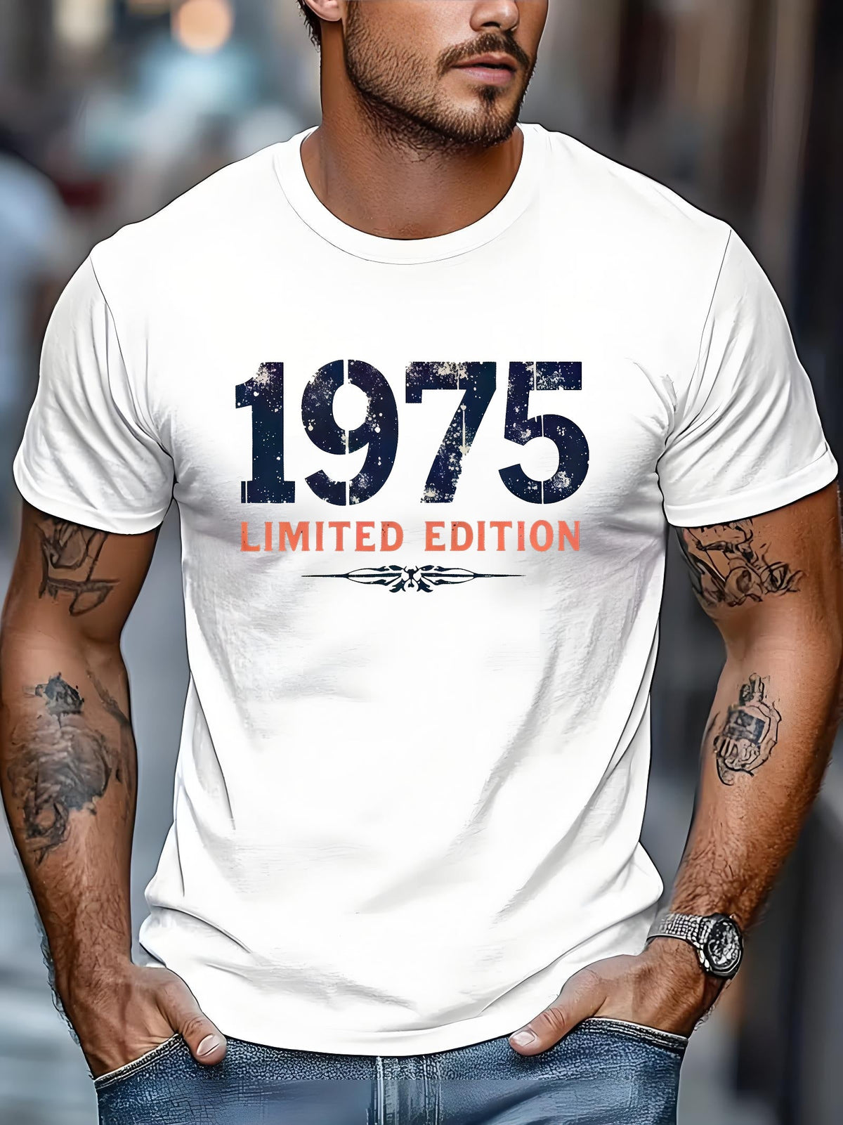Men’s Vintage “1975 Limited Edition” Letter Print Graphic T‑Shirt, Retro Short‑Sleeve Crewneck Tee，Men Tshirts