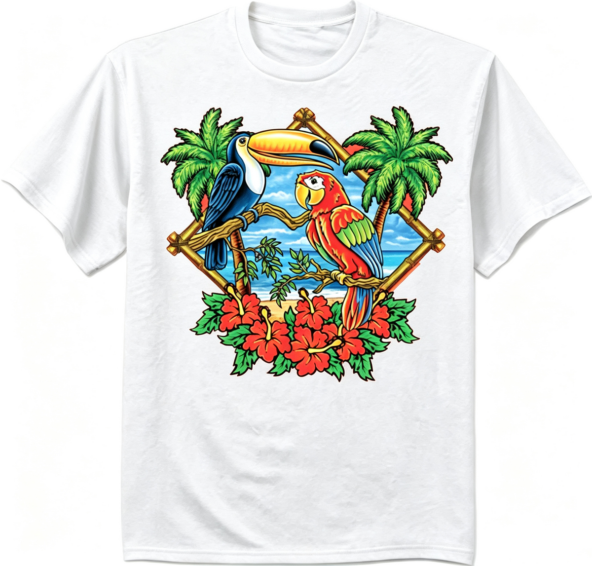 Men’s Tropical Parrot Toucan Graphic T‑Shirt, Nature Wildlife Beach Scene Short‑Sleeve Casual Men Tshirts