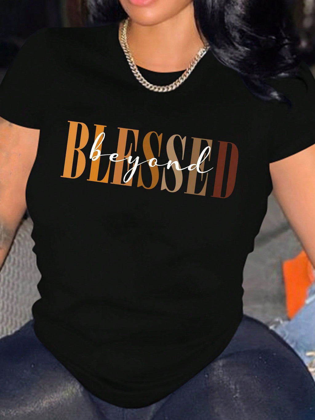 Women's short-sleeved T-shirt featuring the text "Blessed Beyond Black Women"