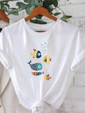 Fish with Different Patterns Graphic Print T-Shirt, Short Sleeve Crew Neck Casual Top, Sea Life Casual T‑Shirt, Cute Cartoon Pattern Fish Bubbles Marine Art Women’s Short Sleeve Graphic Tee