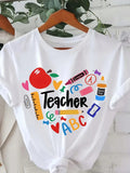Women's Plain Round Neck Short Sleeve Casual Loose Teacher Supplies Print T-Shirt