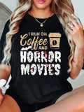 Women's I Run On Coffee And Horror Movies Graphic T‑Shirt, Spooky Bat Blood‑Splatter Halloween Short‑Sleeve Crew‑Neck Casual Holiday Tee