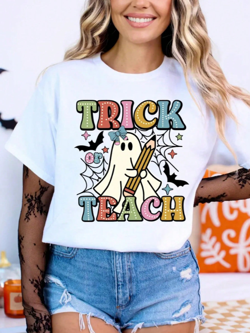 Women's T-Shirts Teacher Halloween Shirt, Halloween Teacher Shirt, Trick Or Teach Shirt, Spooky Teacher T-Shirt, Retro Ghost Shirt, Halloween Gift