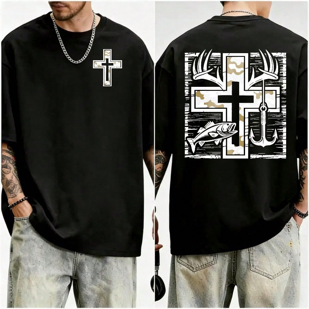 Men’s Camo Cross Deer Antlers Graphic T‑Shirt, Front Chest & Back Print Outdoor Fishing Hunting Faith Short‑Sleeve Cotton Tee