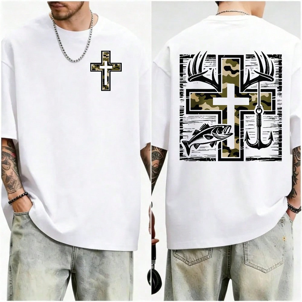Men’s Camo Cross Deer Antlers Graphic T‑Shirt, Front Chest & Back Print Outdoor Fishing Hunting Faith Short‑Sleeve Cotton Tee