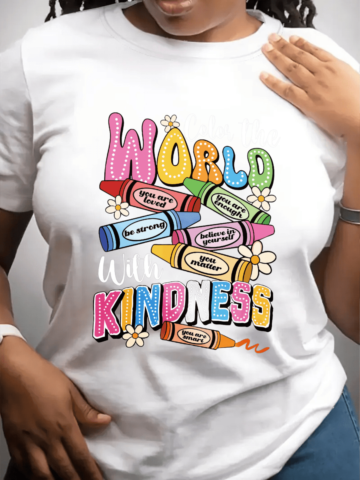 Color The World With Kindness Inspirational T-Shirt For Women Girls. Crayon Design With Positive Affirmations