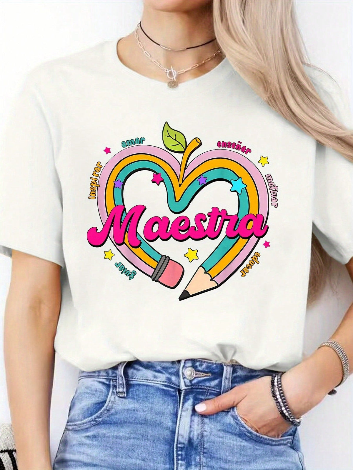 Women's Spanish "Maestra" Teacher T-Shirt - Stretchy Casual Round Neck Short Sleeve Top With Spanish Lettering & Maestra Heart Design