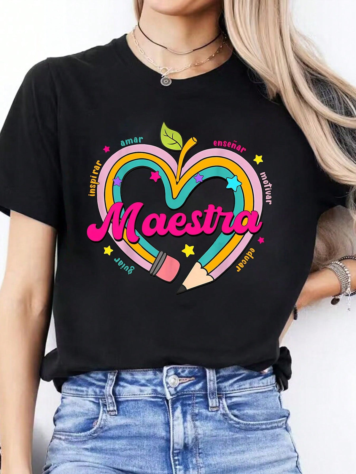 Women's Spanish "Maestra" Teacher T-Shirt - Stretchy Casual Round Neck Short Sleeve Top With Spanish Lettering & Maestra Heart Design