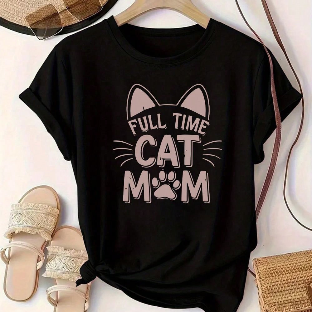Women's T-Shirt With " CAT MOM" Lettering, Cat Lover T-Shirt