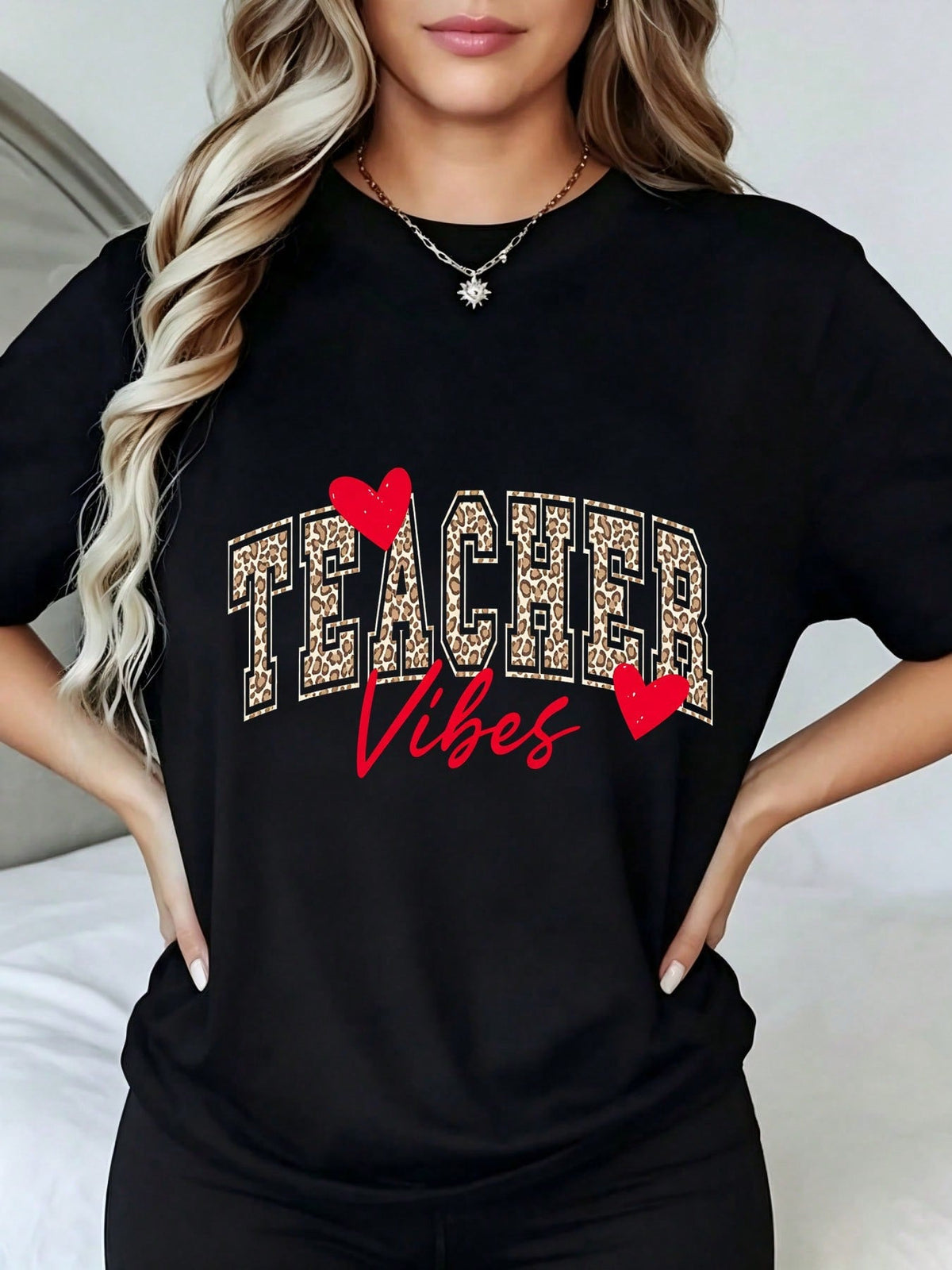 Teacher Shirt, Leopard Print Teacher Vibes Vday, Teacher Valentines Day T-Shirt, Heart Valentines Teach Tee, Cute Valentines Day Gift Teacher Appreciation