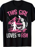 100% Cotton This Girl Loves To Fish T-Shirt, Pink And White Fisherwoman Graphic Tee, Women's Outdoor Casual Top