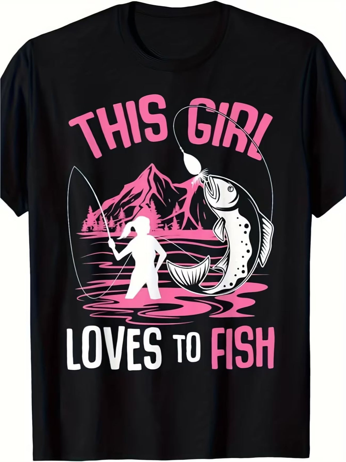 100% Cotton This Girl Loves To Fish T-Shirt, Pink And White Fisherwoman Graphic Tee, Women's Outdoor Casual Top