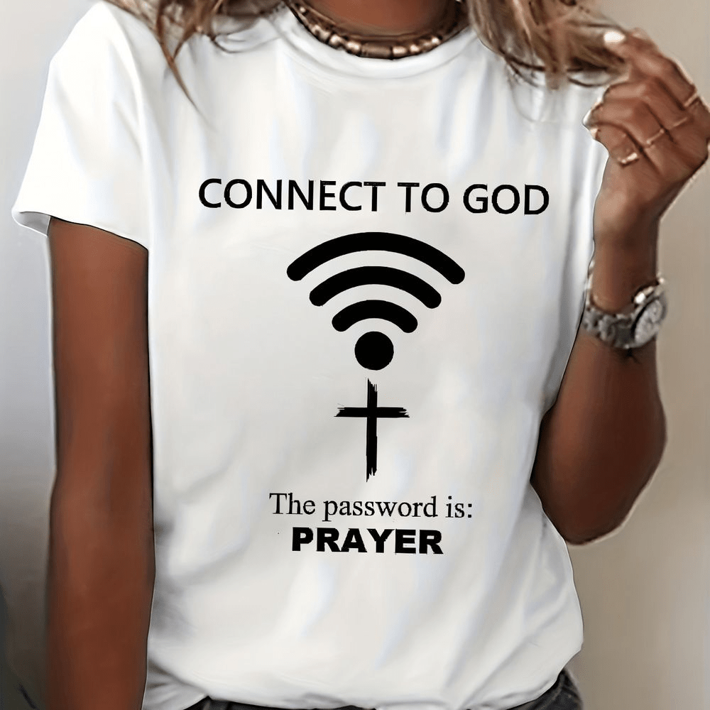 Women's Prayer T-Shirt - Connect To God Jesus Funny Religious Letter Print Short Sleeve Crew Neck Top, -Based Casual Summer Spring Tee