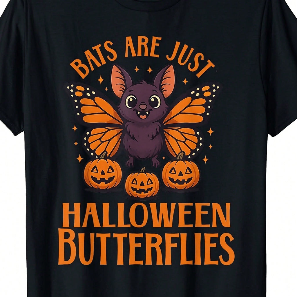 Women's Bats Are Just Halloween Butterflies Graphic T‑Shirt, Cute Cartoon Bat Butterfly Jack‑O'‑Lantern Pumpkin Short‑Sleeve Crew‑Neck Spooky Fall Holiday Tee