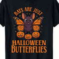 Women's Bats Are Just Halloween Butterflies Graphic T‑Shirt, Cute Cartoon Bat Butterfly Jack‑O'‑Lantern Pumpkin Short‑Sleeve Crew‑Neck Spooky Fall Holiday Tee