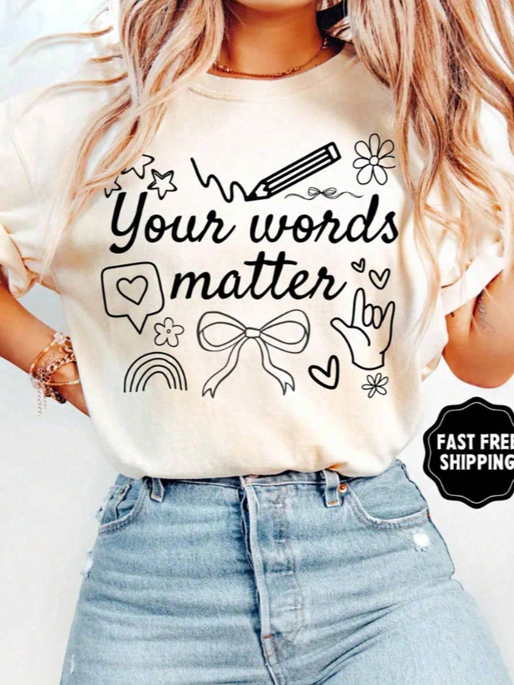 Your Words Matter T-Shirt Teacher Appreciation Positive Quote Bow Pencil Heart Graphic Tee