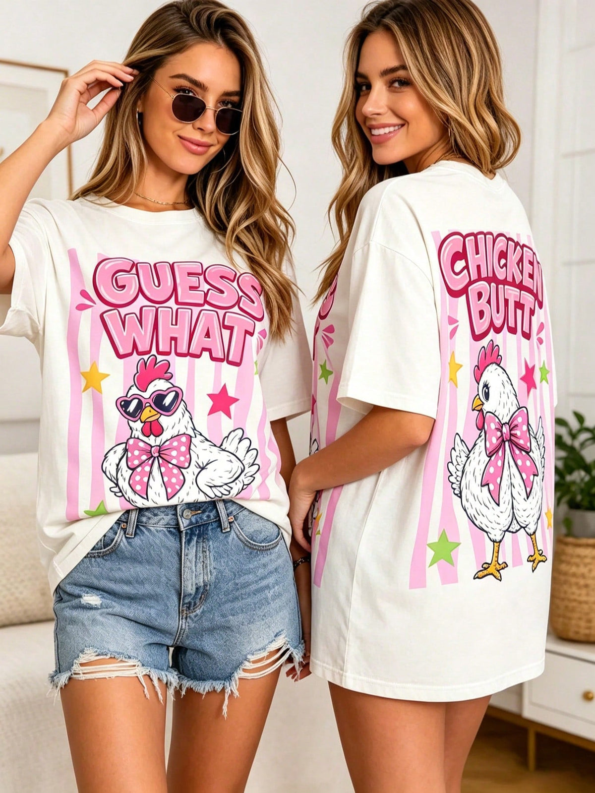 Funny Guess What Chicken Butt Double‑Sided Graphic Casual Crewneck T‑Shirt Cute Chicken Humor Gift Top