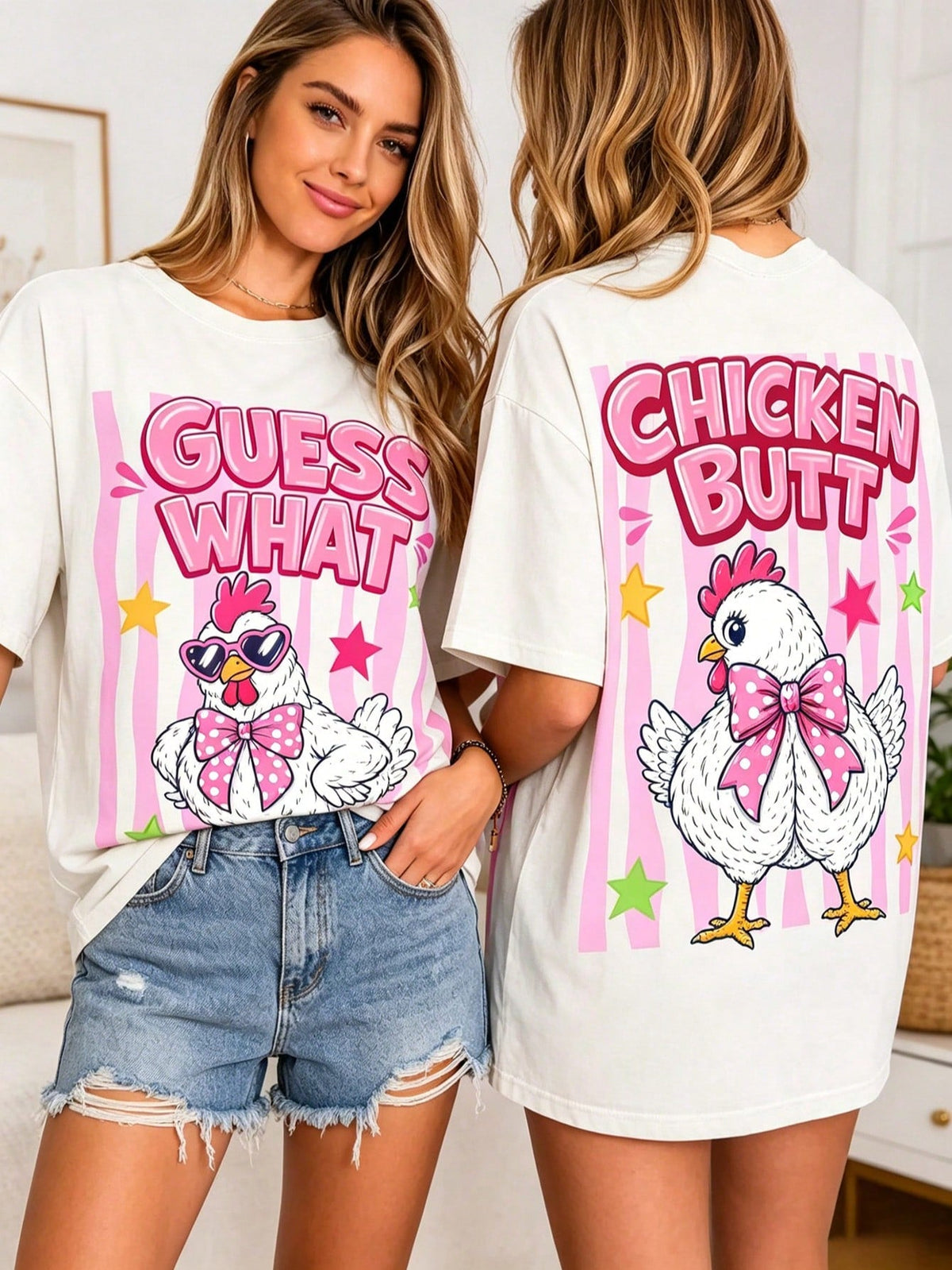 Funny Guess What Chicken Butt Double‑Sided Graphic Casual Crewneck T‑Shirt Cute Chicken Humor Gift Top