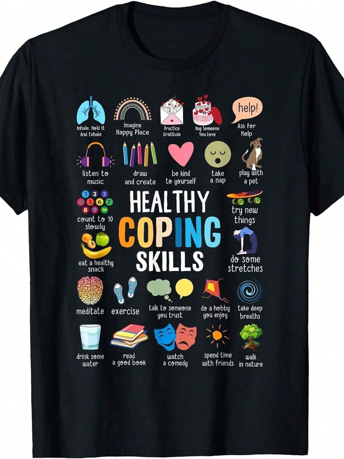 Healthy Coping Skills T‑Shirt, School Counselor Therapist Social Worker Graphic Tee, Mental Health Awareness Casual Short Sleeve Top