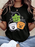 Women Plus Size Short Sleeve Halloween Pumpkin Bucket Print Black Casual Sports T Shirt