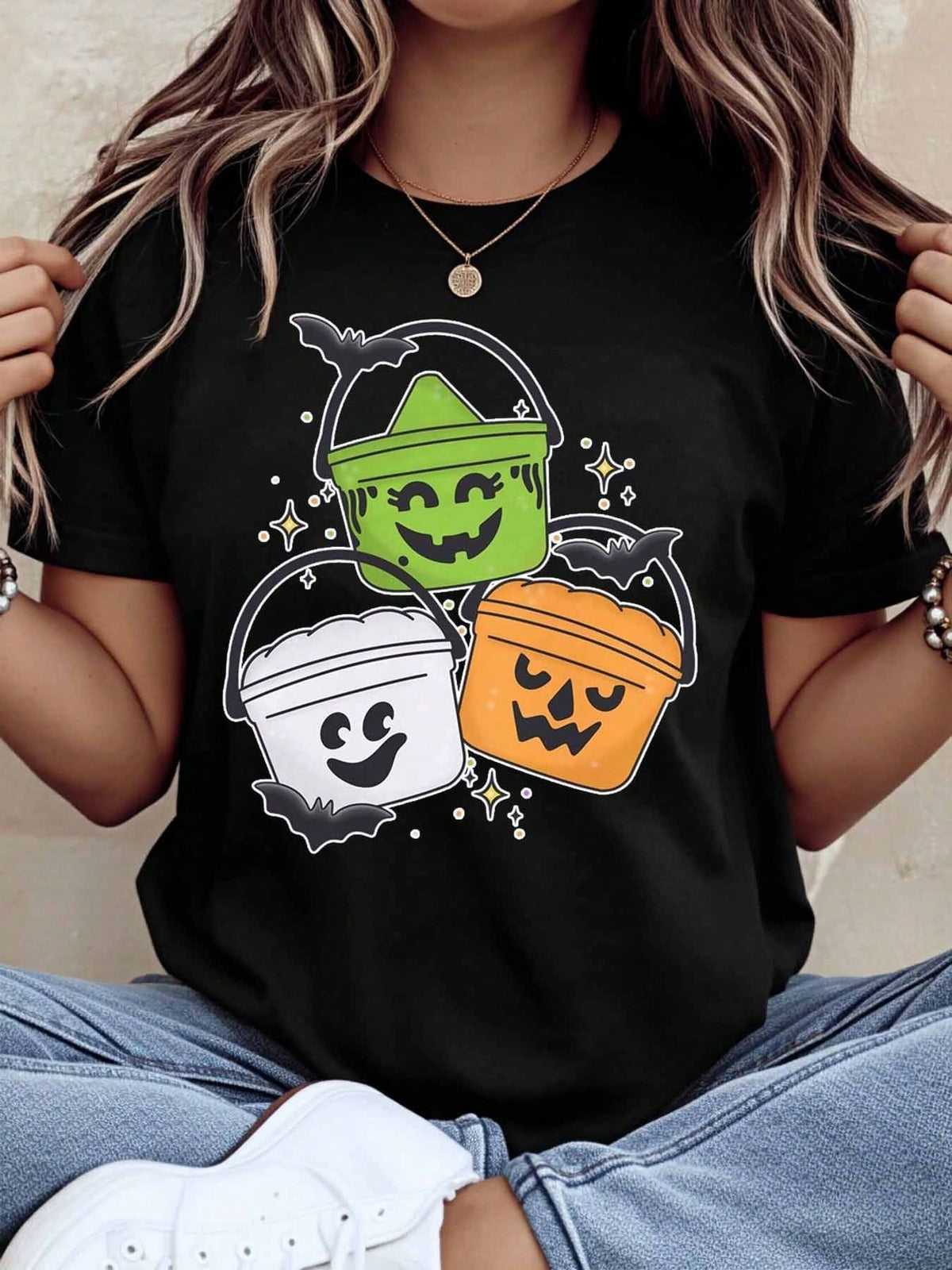 Women Plus Size Short Sleeve Halloween Pumpkin Bucket Print Black Casual Sports T Shirt
