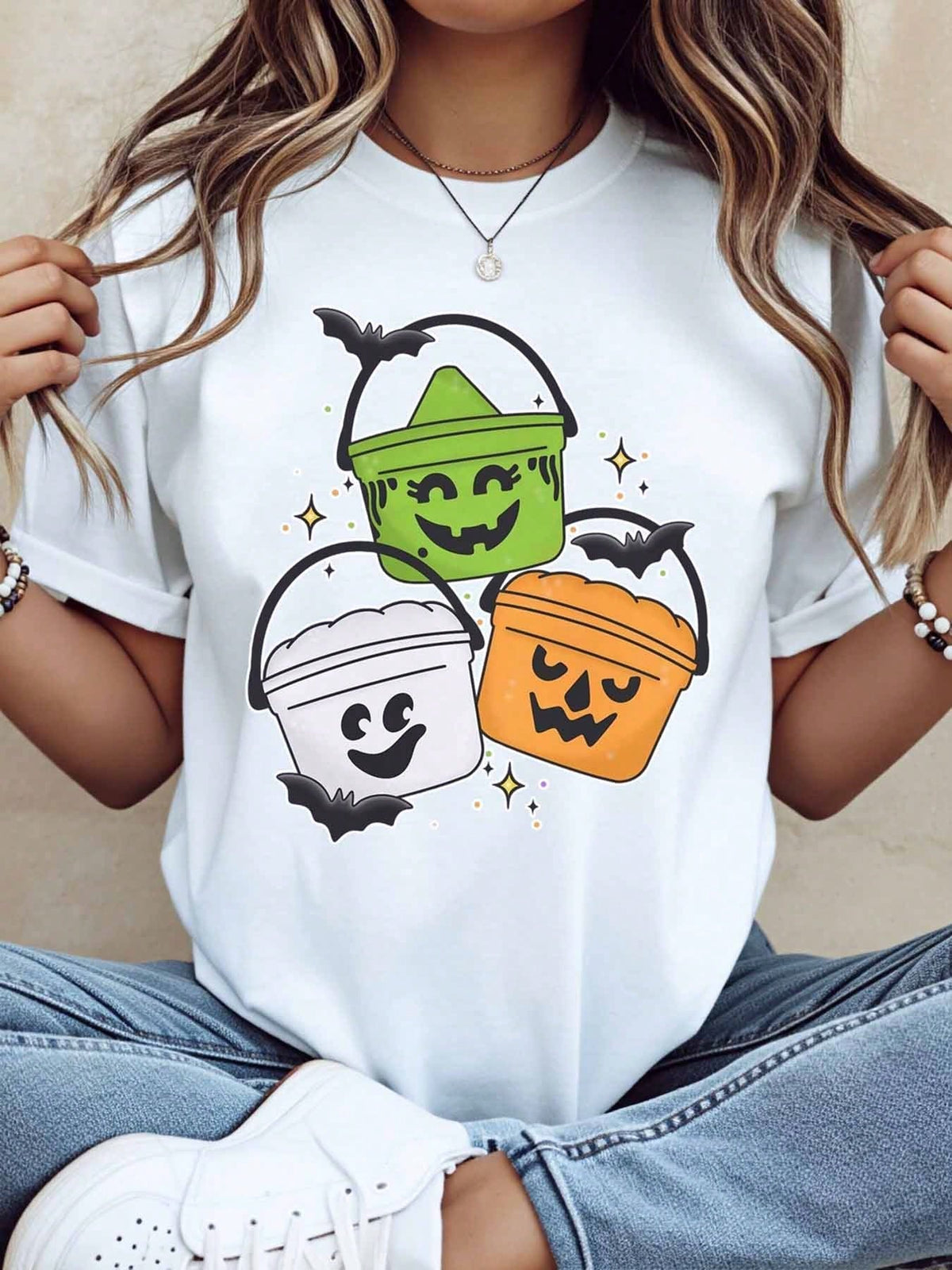 Women Plus Size Short Sleeve Halloween Pumpkin Bucket Print Black Casual Sports T Shirt