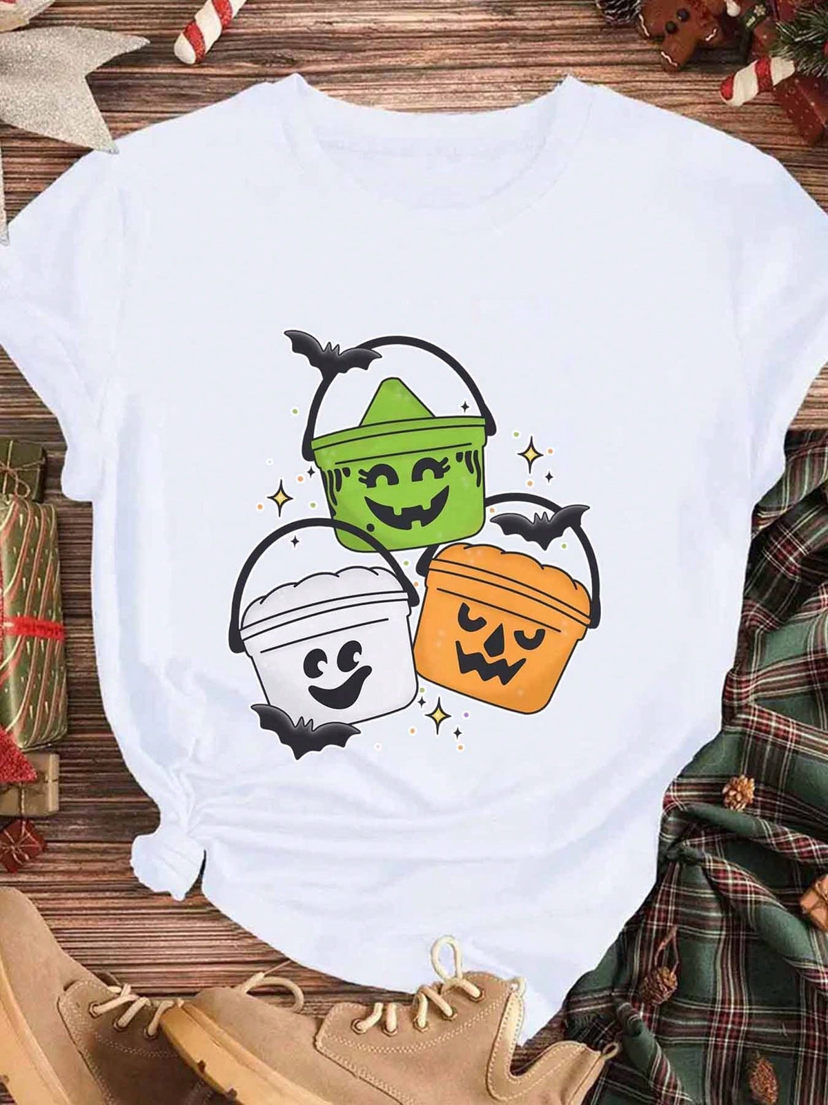 Women Plus Size Short Sleeve Halloween Pumpkin Bucket Print Black Casual Sports T Shirt