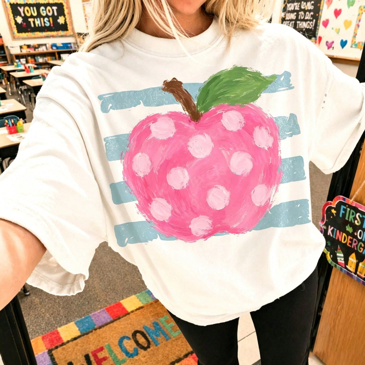 Cute Pink Polka Dot Apple Shirt School Teacher Graphic Tee Aesthetic Pastel Fruit Top Elementary School Teacher Outfit Gift For Her