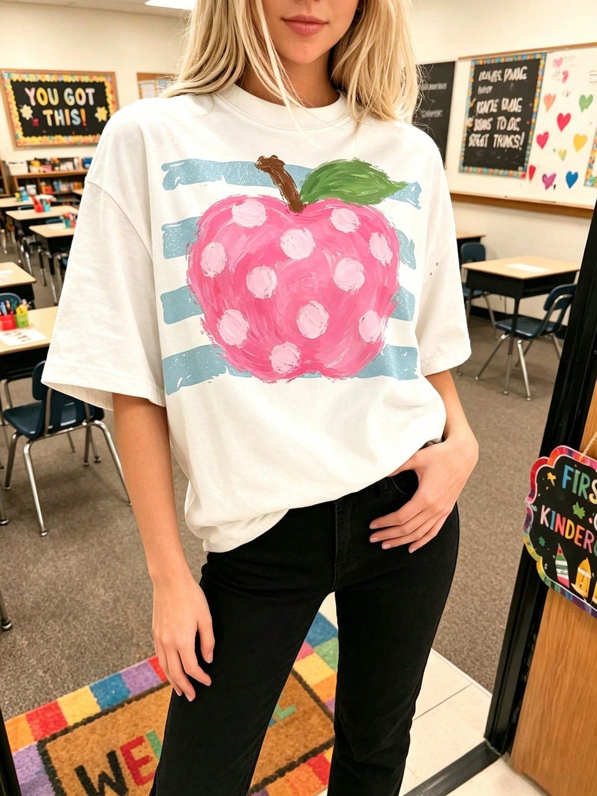 Cute Pink Polka Dot Apple Shirt School Teacher Graphic Tee Aesthetic Pastel Fruit Top Elementary School Teacher Outfit Gift For Her