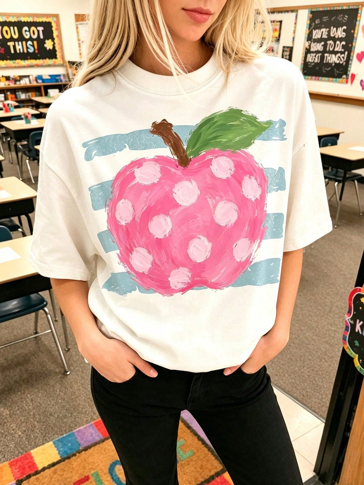 Cute Pink Polka Dot Apple Shirt School Teacher Graphic Tee Aesthetic Pastel Fruit Top Elementary School Teacher Outfit Gift For Her