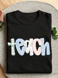 Teach Graphic T‑Shirt, Coquette Bow Floral Plaid Letter Teacher Tee, Women Casual Back To School Short Sleeve Top