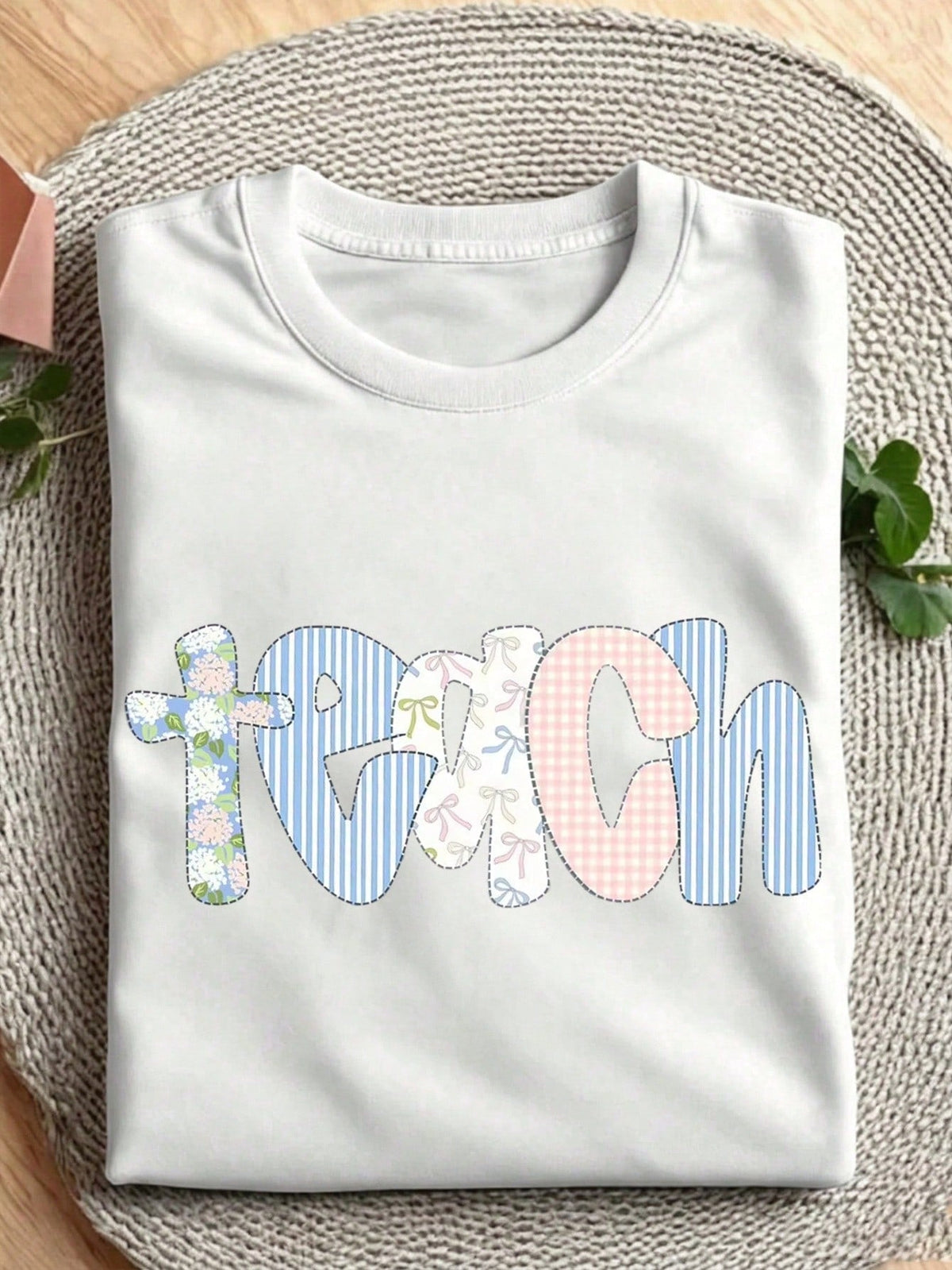 Teach Graphic T‑Shirt, Coquette Bow Floral Plaid Letter Teacher Tee, Women Casual Back To School Short Sleeve Top