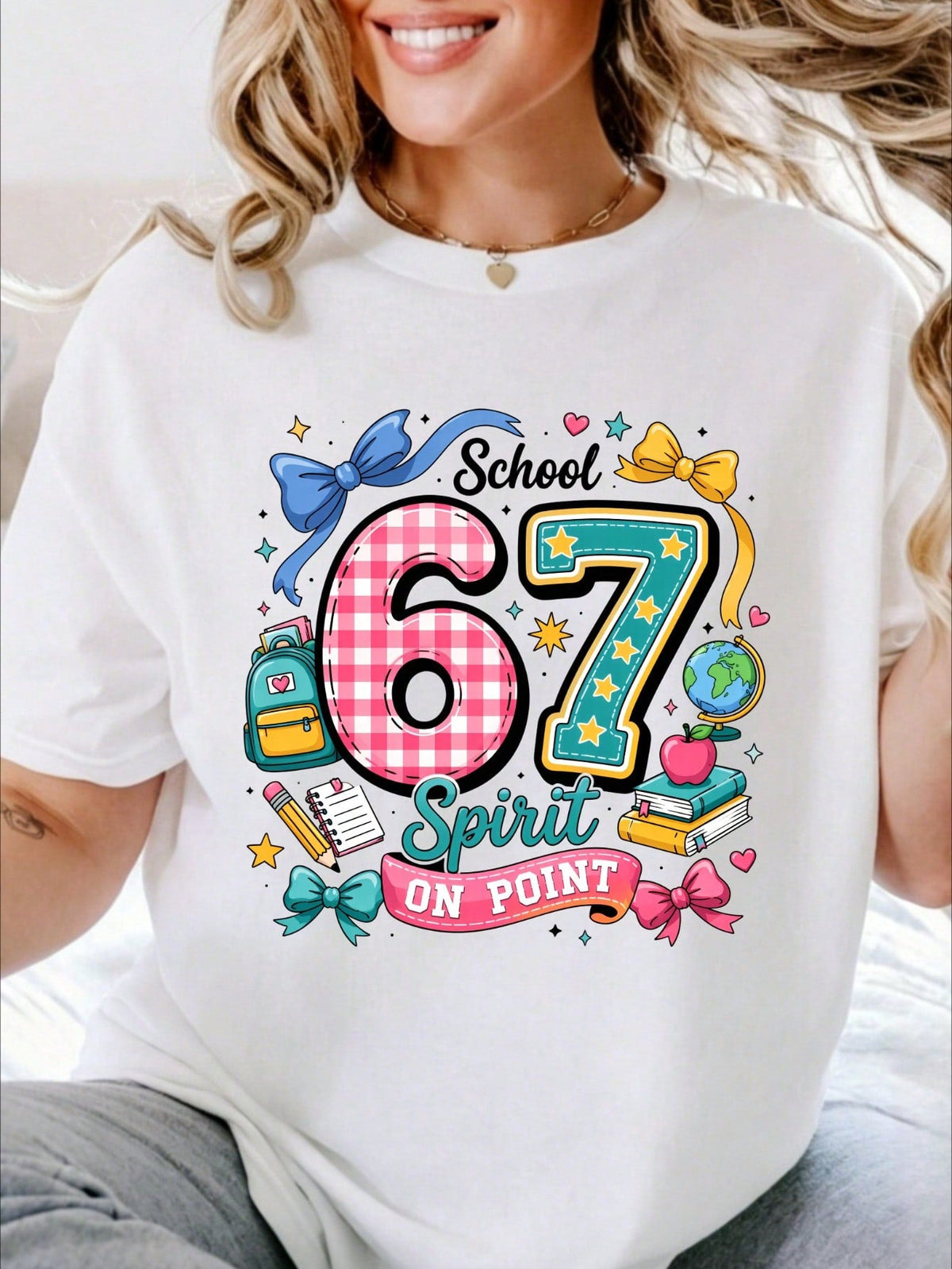 6-7 Design Theme Back To School Graffiti Teacher T-Shirt, Colorful School Supplies Print Tee, Casual Teacher Appreciation Gift Top