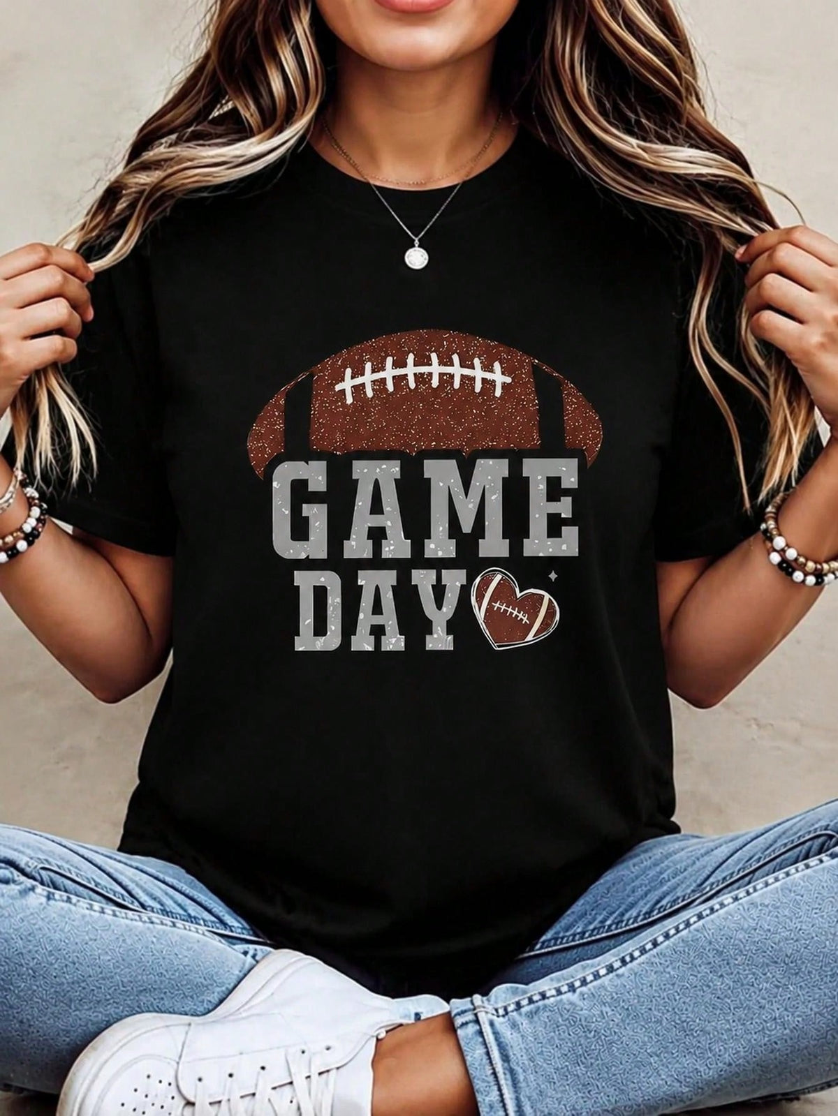 Distressed Football GAME DAY Graphic Tees Women, Sport Theme Short Sleeve T Shirts