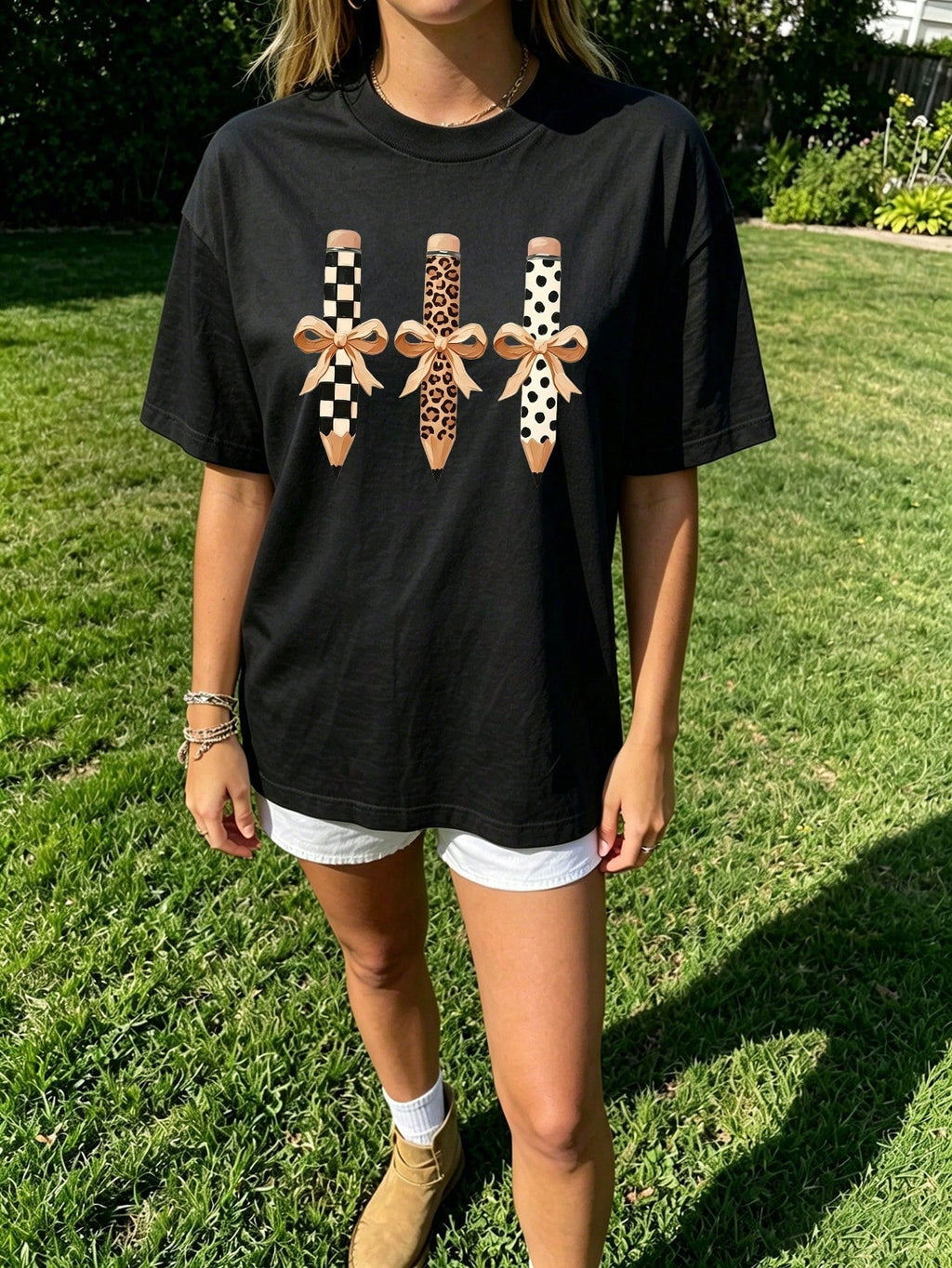 Retro Bow Pencil Graphic Print Short Sleeve T-Shirt