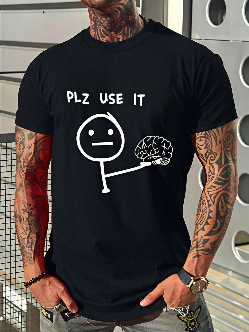 Men's Summer Outfits, Plz Use It Brain Stick Figure Graphic Tees, Funny Vintage T-Shirt, Loose And Breathable