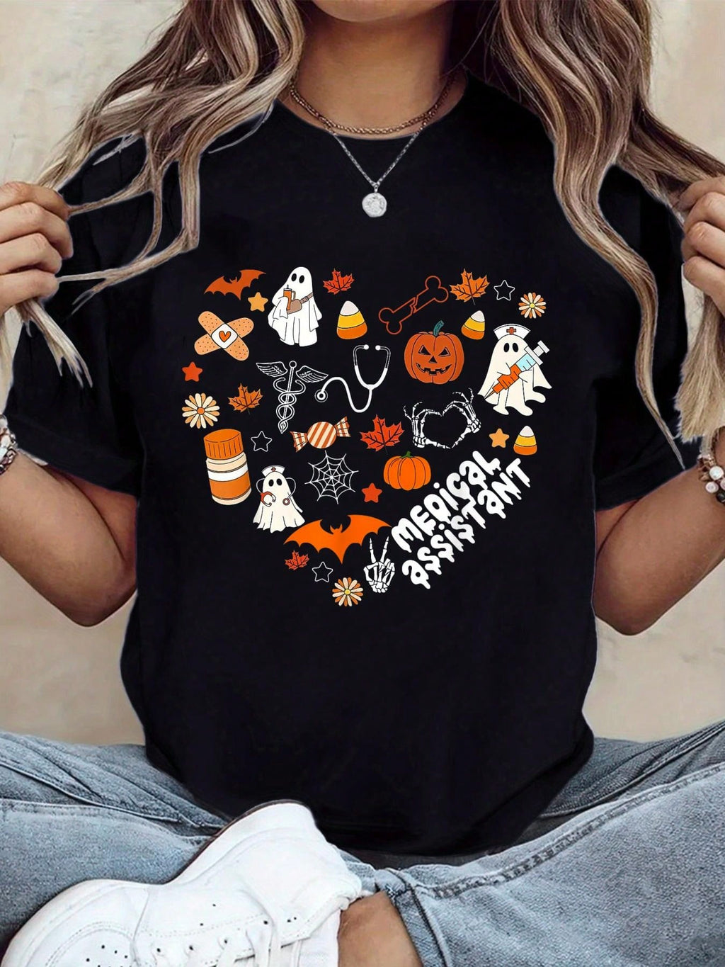 Heart Halloween Medical Assistant Cma Nursing Spooky Ghost T-Shirt, Autumn Tops For Women