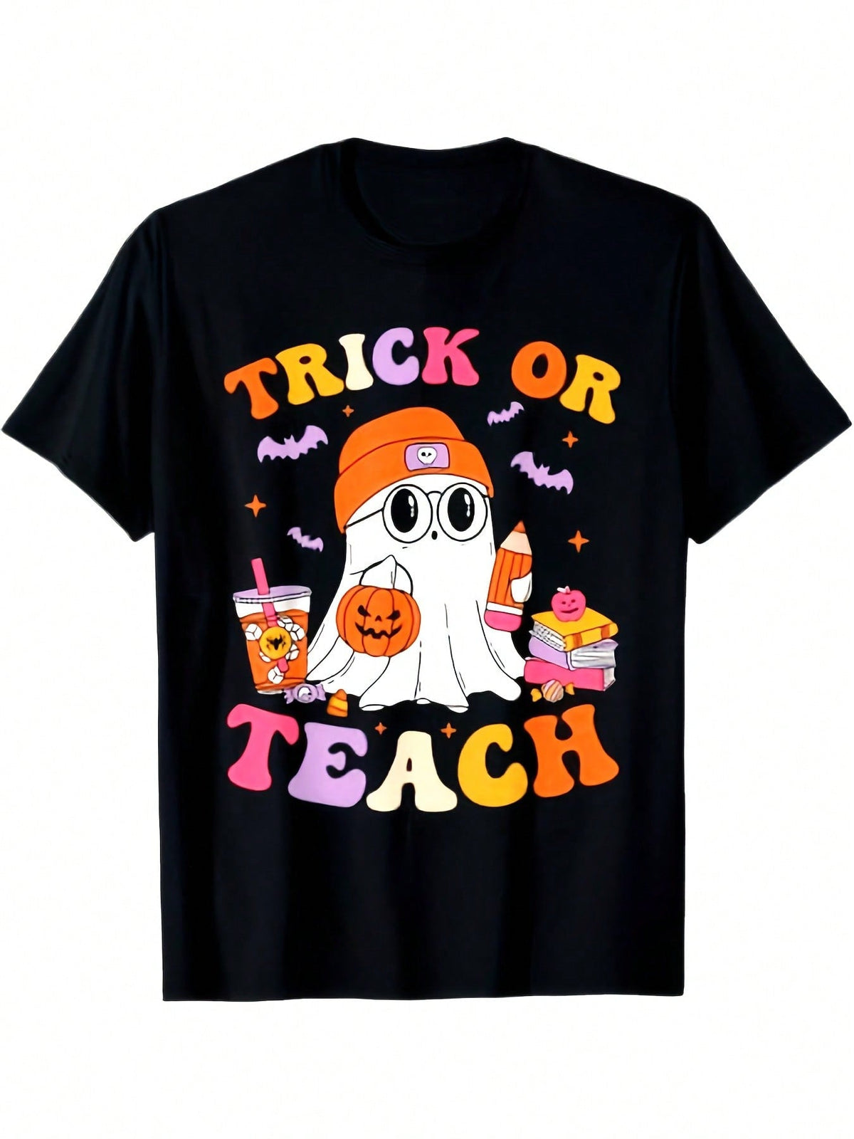 Groovy Teacher Halloween Retro Floral Ghost T-Shirt For Men Women, Unsex Soft Fabric, Breathable, Comfortable Short Sleeve Tees Perfect