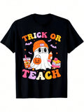 Groovy Teacher Halloween Retro Floral Ghost T-Shirt For Men Women, Unsex Soft Fabric, Breathable, Comfortable Short Sleeve Tees Perfect